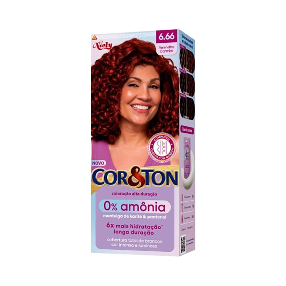 Lateral da embalagem da coloração Cor & Ton sem Amônia 6.66 Vermelho Carmim com informações do produto
