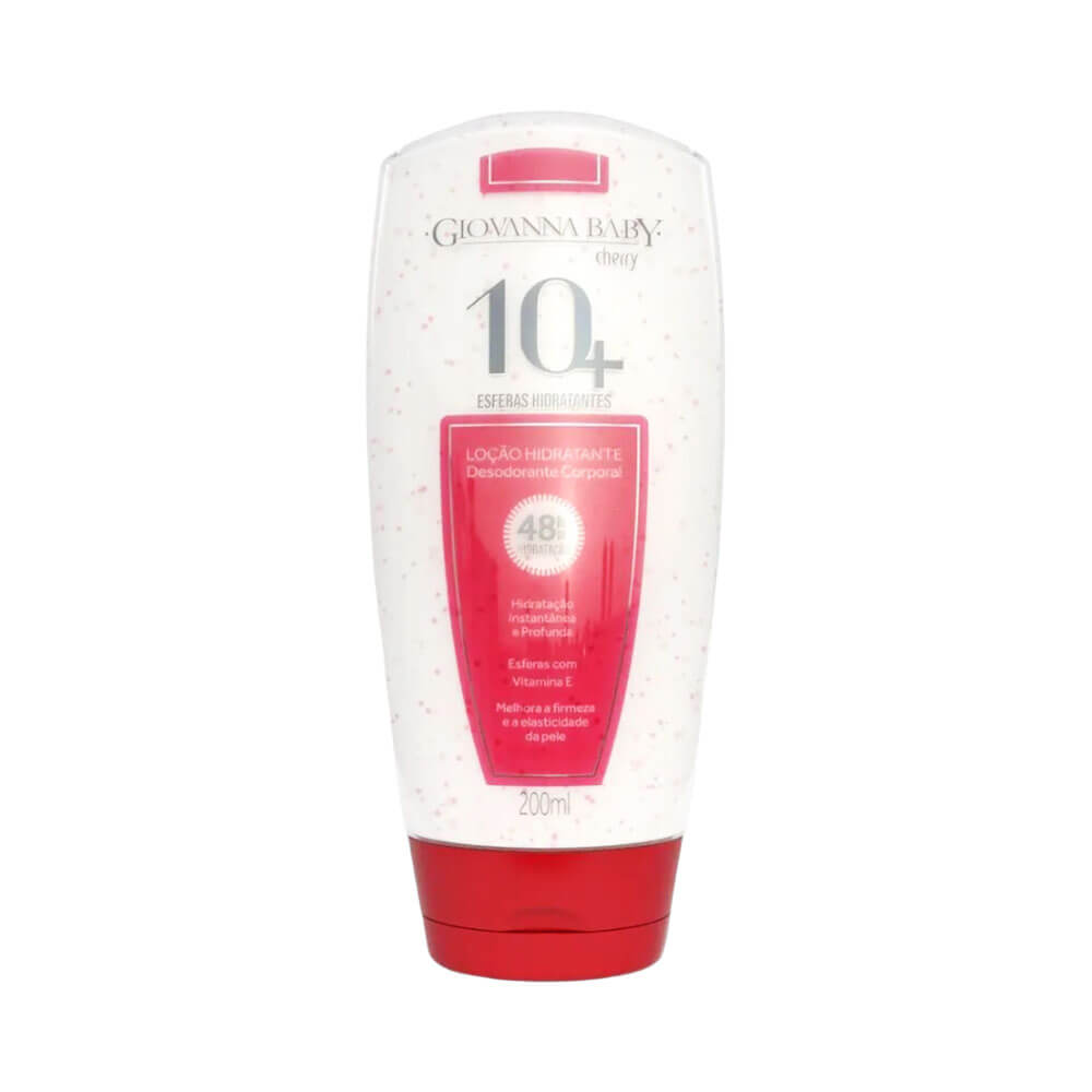 Frasco branco com tampa vermelha do hidratante corporal Giovanna Baby 10+ Cherry 200ml