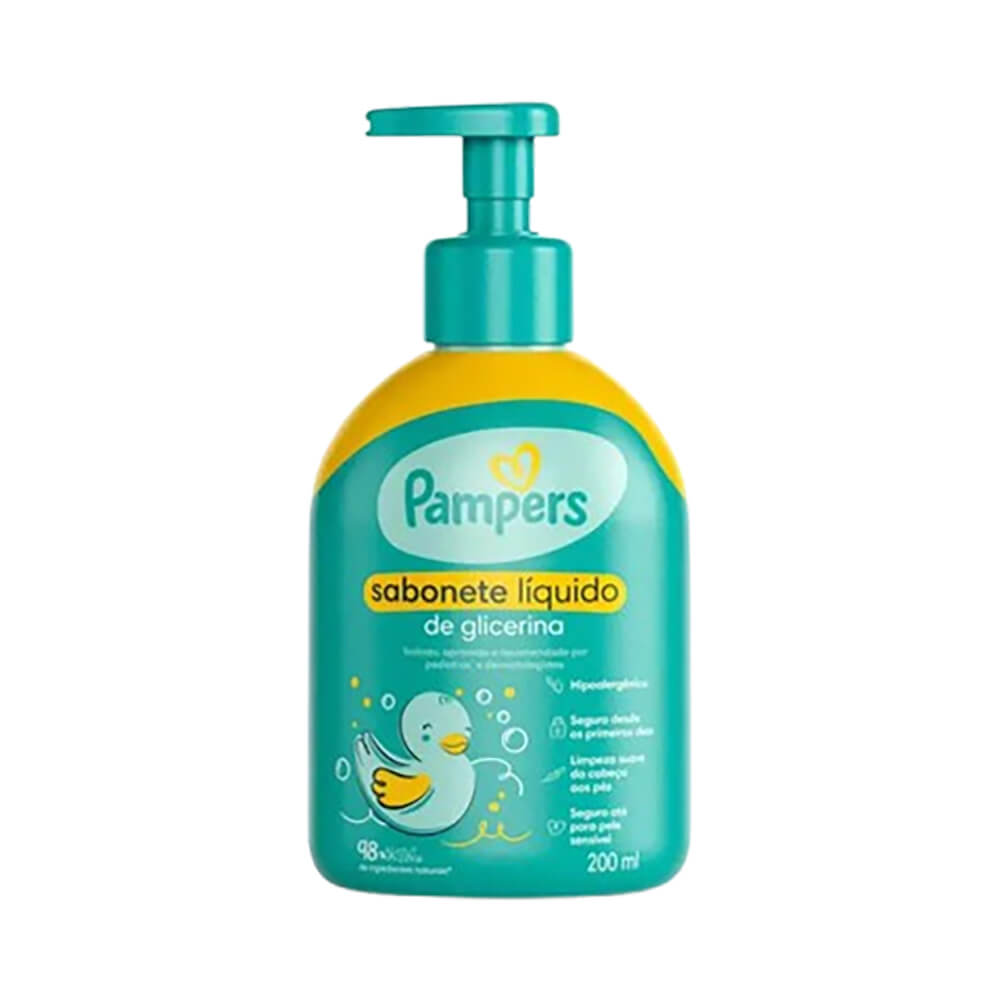 Frontal do sabonete líquido Pampers de glicerina em embalagem plástica com válvula pump azul-turquesa e corpo amarelo com rótulo azul.