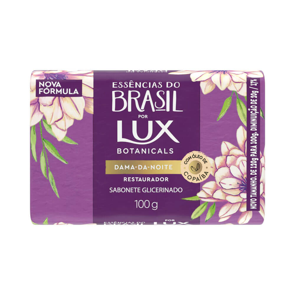 Embalagem frontal do Sabonete Lux Essências do Brasil Dama-da-Noite 100g com flores brancas e verdes