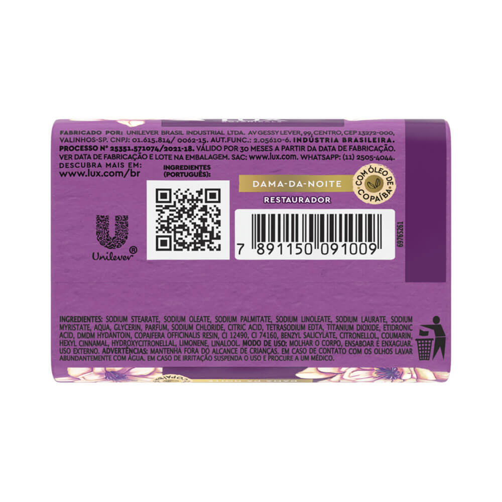 Parte traseira da embalagem do Sabonete Lux Essências do Brasil Dama-da-Noite 100g com informações do produto
