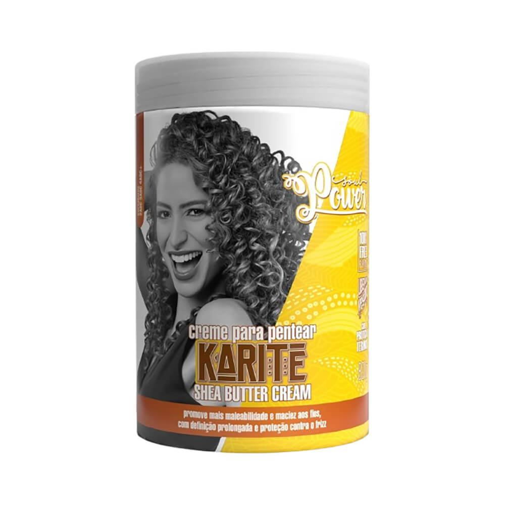 Creme de Pentear Soul Power Karité Shea Butter Cream 800g em embalagem branca com detalhes amarelos e foto de mulher com cabelos cacheados