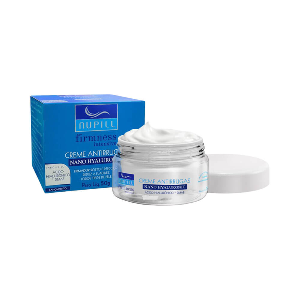 Creme facial Nupill aberto mostrando textura cremosa no pote de vidro