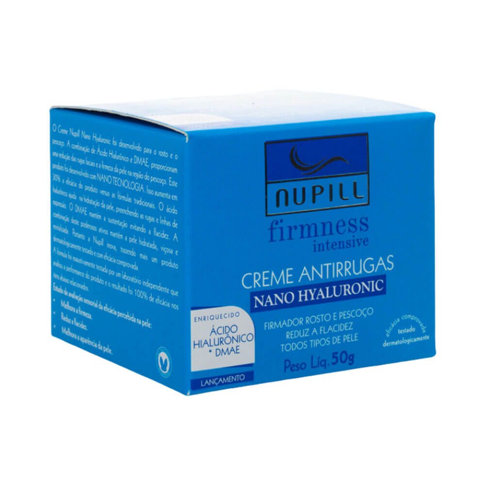 Caixa azul do creme facial Nupill com detalhes do produto e ingredientes