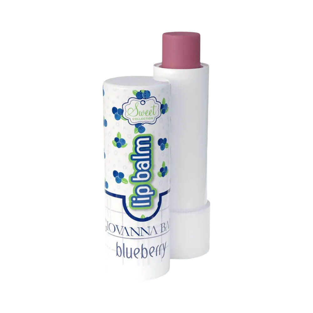 Lip Balm Giovanna Baby Blueberry FPS 24 bastão aberto mostrando produto cor rosada com embalagem branca e ilustrações de blueberries