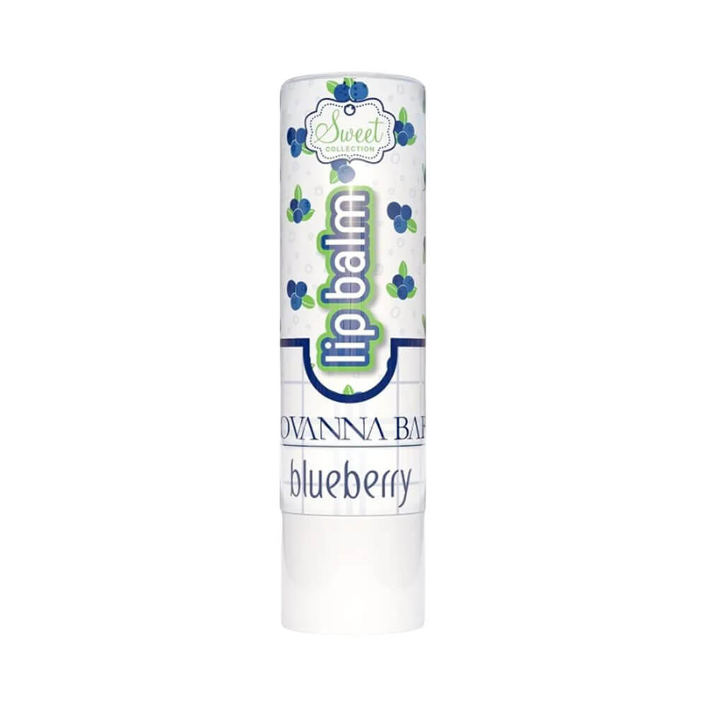 Lip Balm Giovanna Baby Blueberry FPS 24 bastão fechado com embalagem branca decorada com blueberries azuis e verdes
