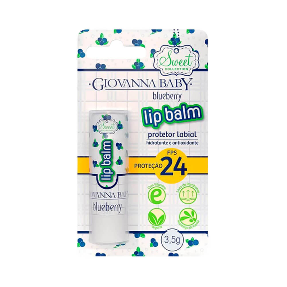 Embalagem blister Lip Balm Giovanna Baby Blueberry FPS 24 com ilustrações de blueberries e informações de proteção e hidratação