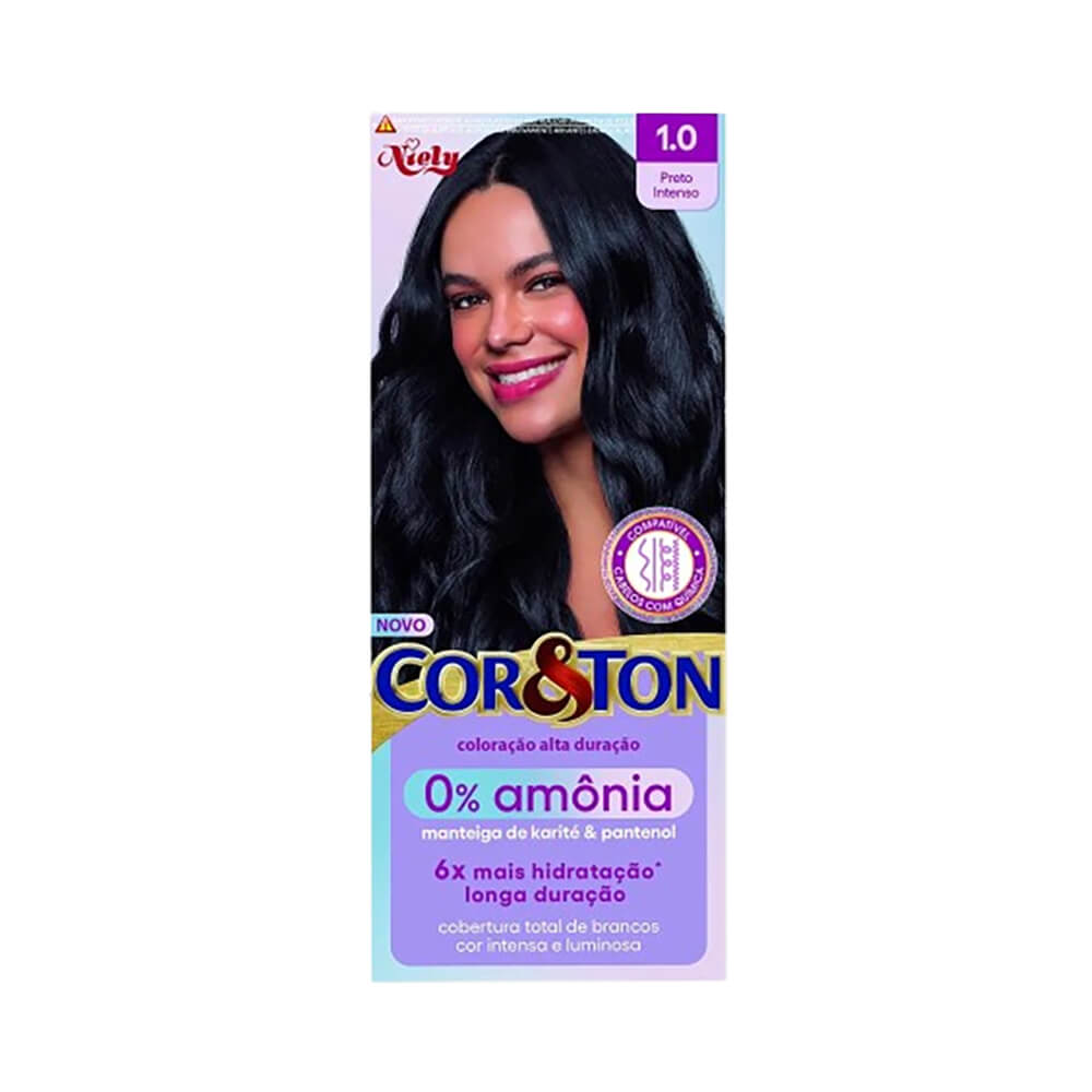 Embalagem frontal da Coloração Cor & Ton sem Amônia 1.0 Preto Intenso com modelo e destaque para fórmula sem amônia