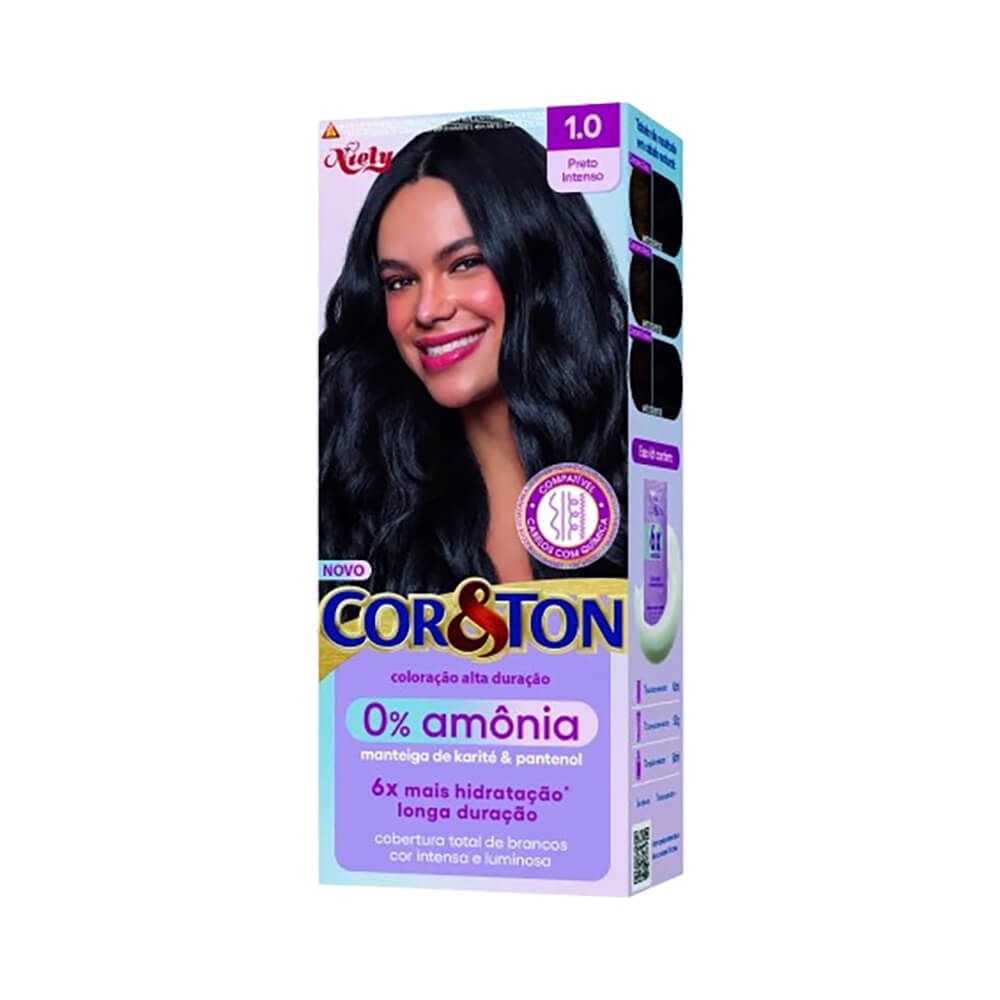 Lateral da embalagem da Coloração Cor & Ton sem Amônia 1.0 Preto Intenso com informações e instruções