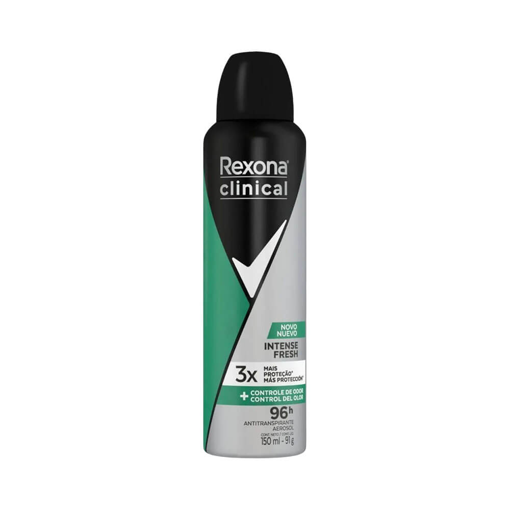 Desodorante Aerosol Rexona Clinical Intense Fresh 150ml, frasco preto com detalhes verdes e cinzas, tampa preta