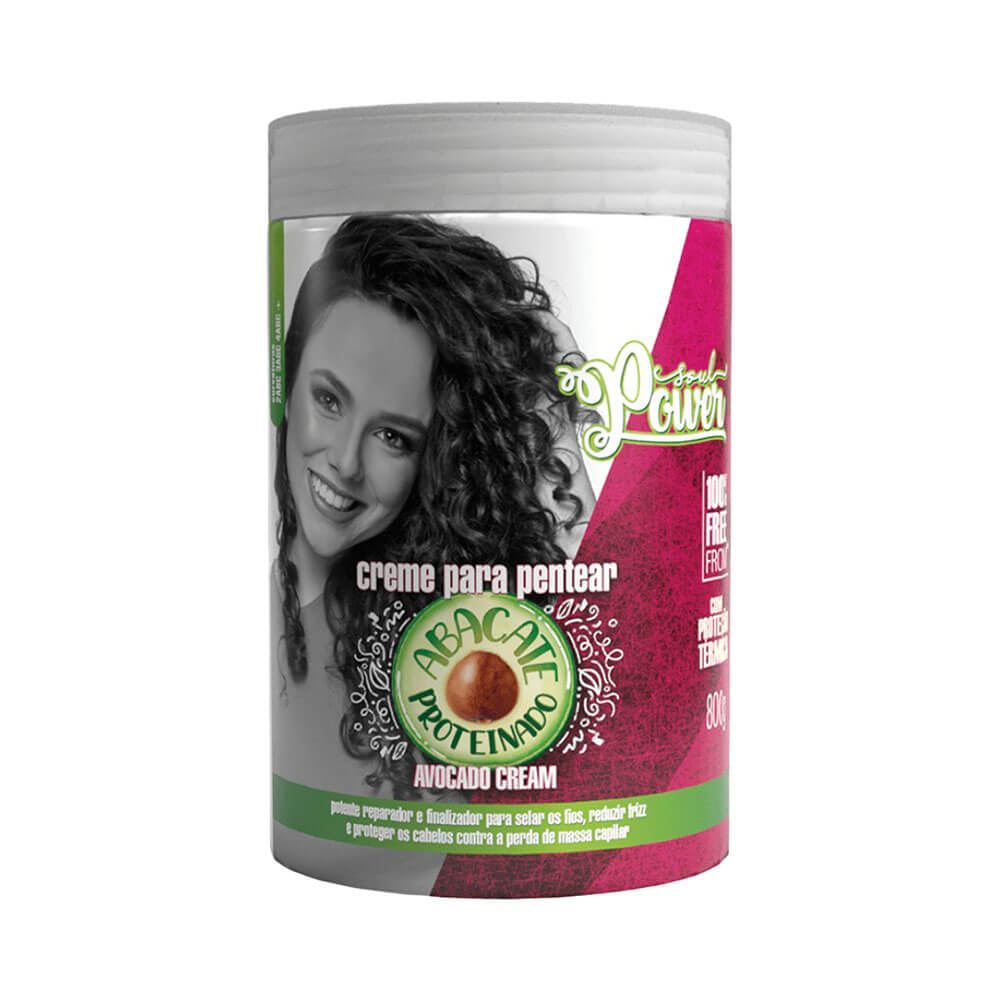 Creme de pentear Soul Power Abacate Proteinado 800g em embalagem plástica com tampa branca, indicado para cabelos cacheados e crespos.