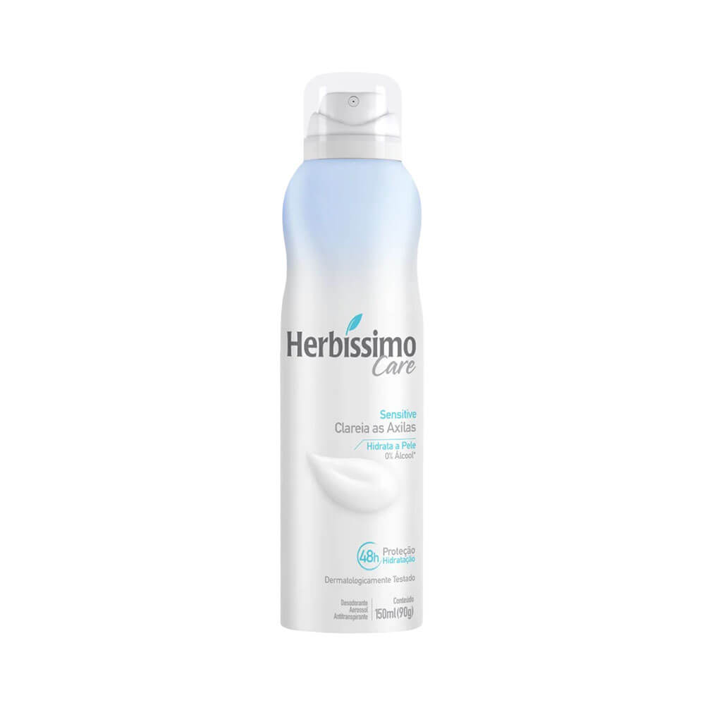 Frontal do desodorante aerosol Herbíssimo Care Sensitive de 150ml, embalagem branca e azul claro