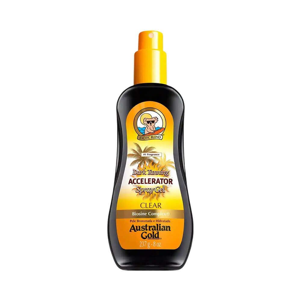 Frontal da embalagem do Acelerador de Bronzeado Australian Gold Clear Spray Gel 237g