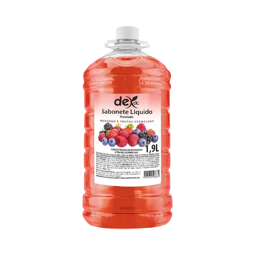 Sabonete Líquido Dex Morango e Frutas Vermelhas 1,9L embalagem vermelha translúcida com rótulo de frutas vermelhas