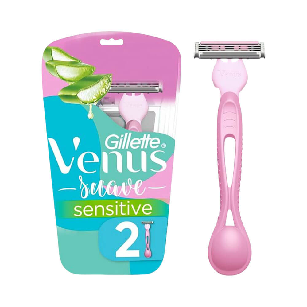 Embalagem do Aparelho Depilatório Gillette Venus Suave Sensitive com 2 unidades, destacando aloe vera e design ergonômico.
