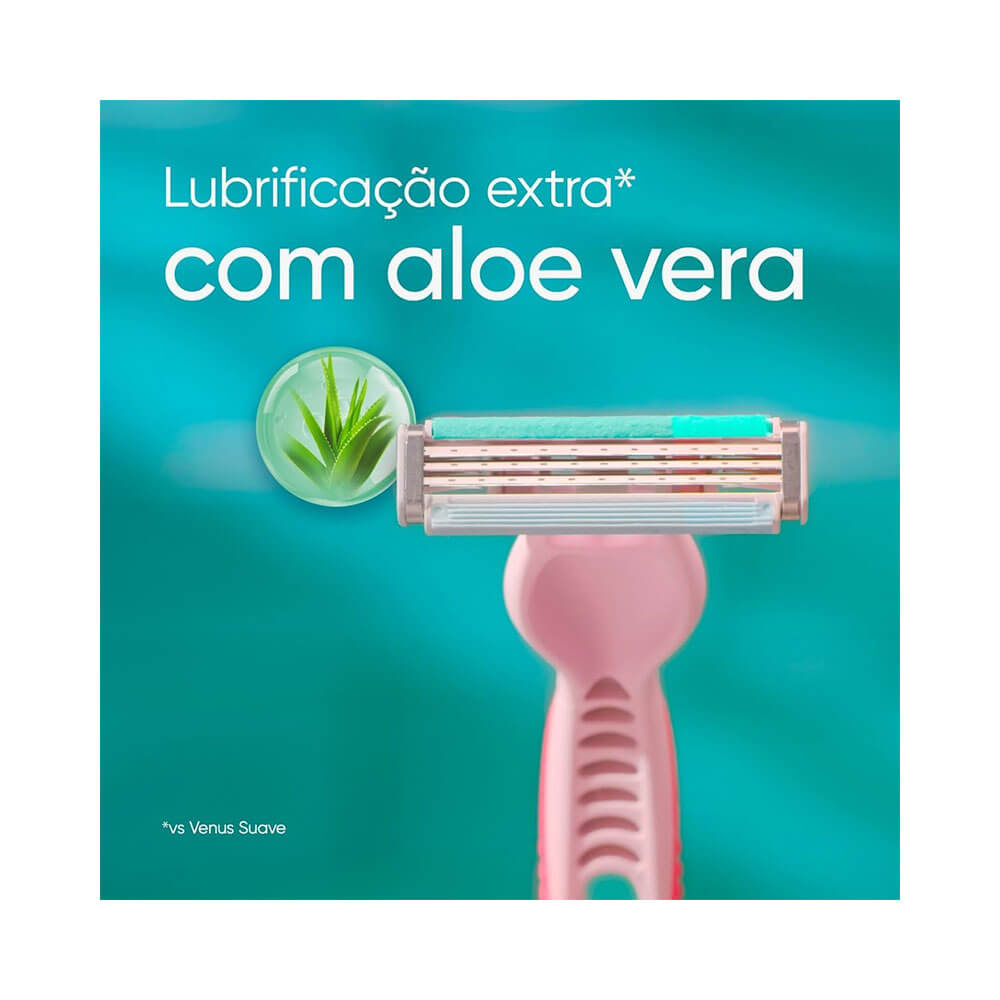 Close da lâmina do aparelho depilatório Gillette Venus Suave Sensitive mostrando a fita lubrificante com aloe vera.