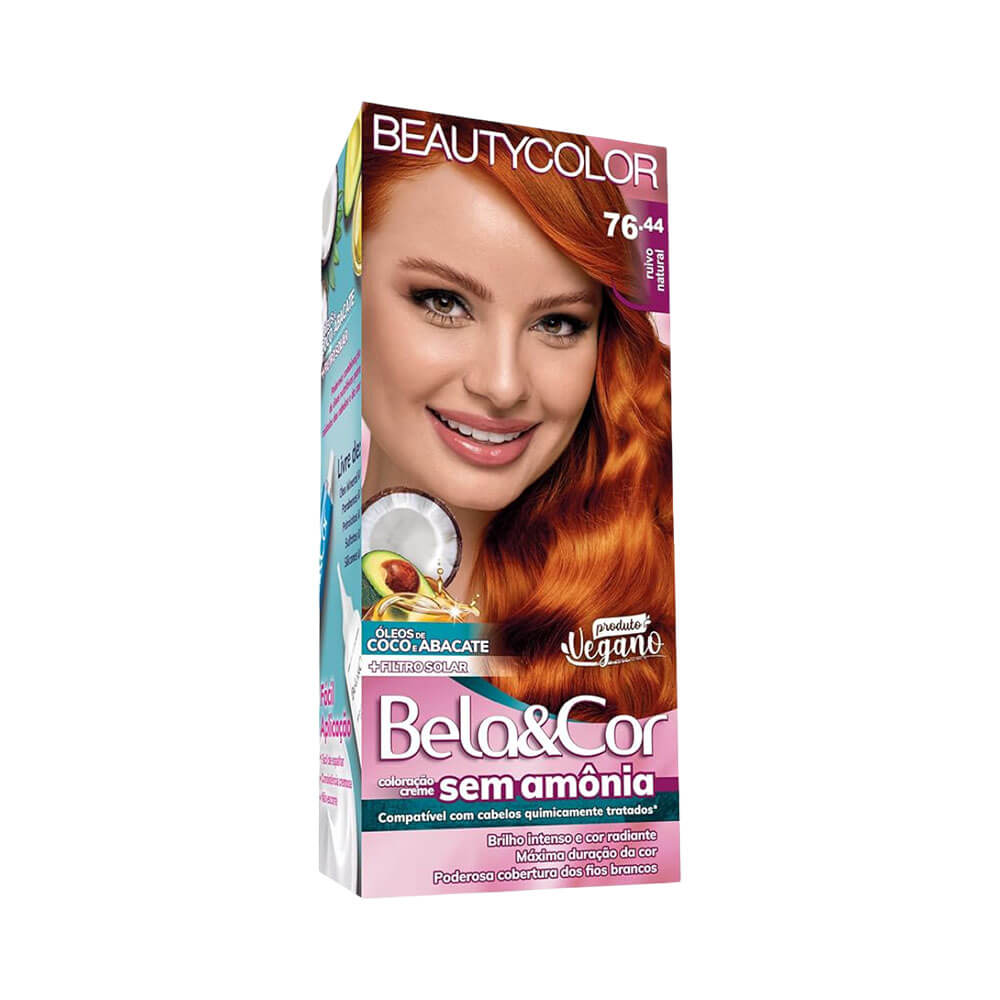 Embalagem frontal da coloração Beautycolor Bela & Cor Mini sem Amônia 76.44 Ruivo Natural com destaque para fórmula sem amônia e ingredientes naturais.