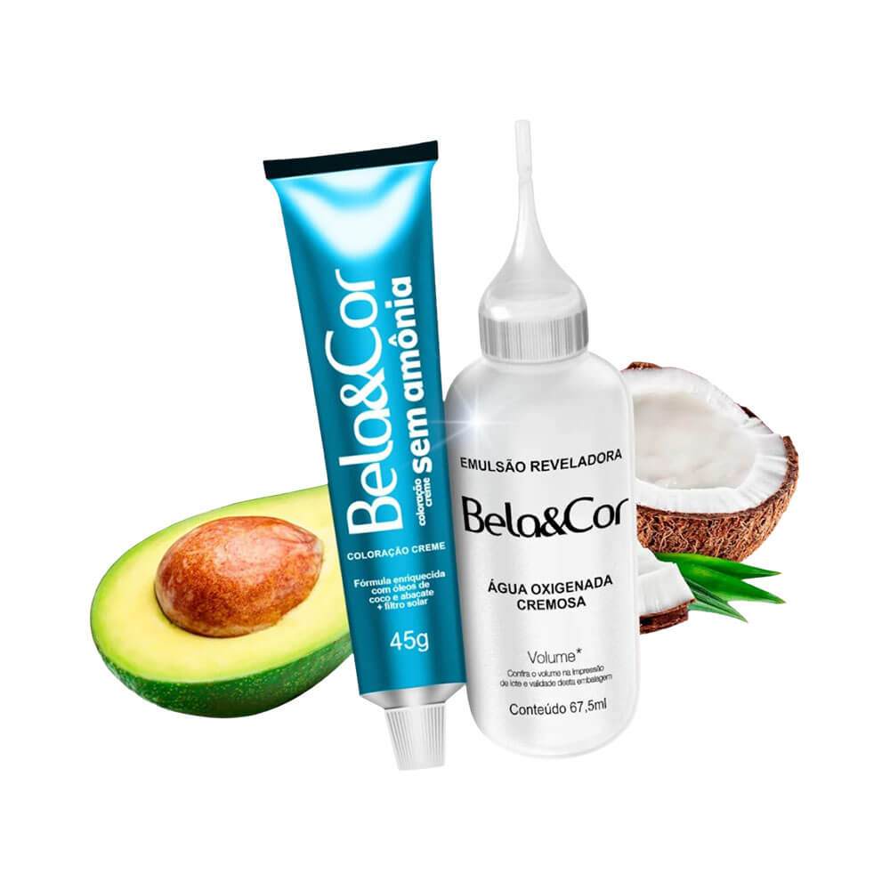 Tubo de coloração azul metálico e frasco de emulsão ao lado de frutas naturais como abacate e coco, ingredientes da fórmula.