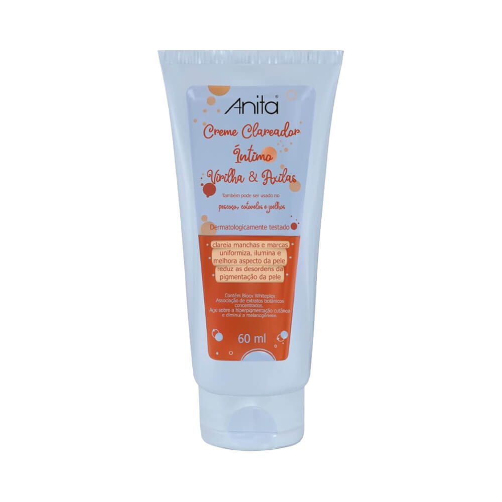 Tubo branco do Clareador Corporal Anita para Virilha e Axilas 60ml com detalhes em laranja