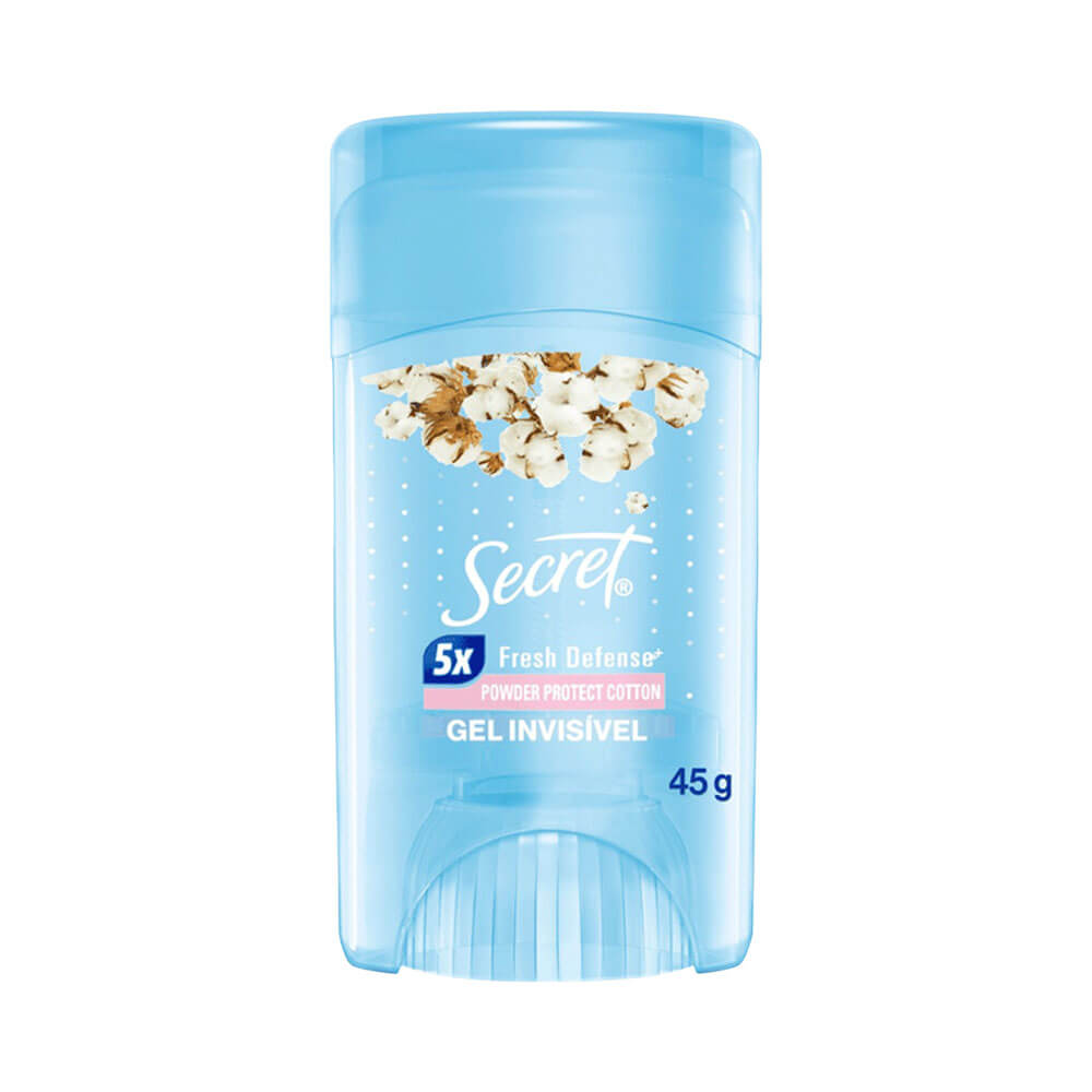 Desodorante em gel Secret Invisível Powder Protect Cotton 45g com embalagem azul translúcida