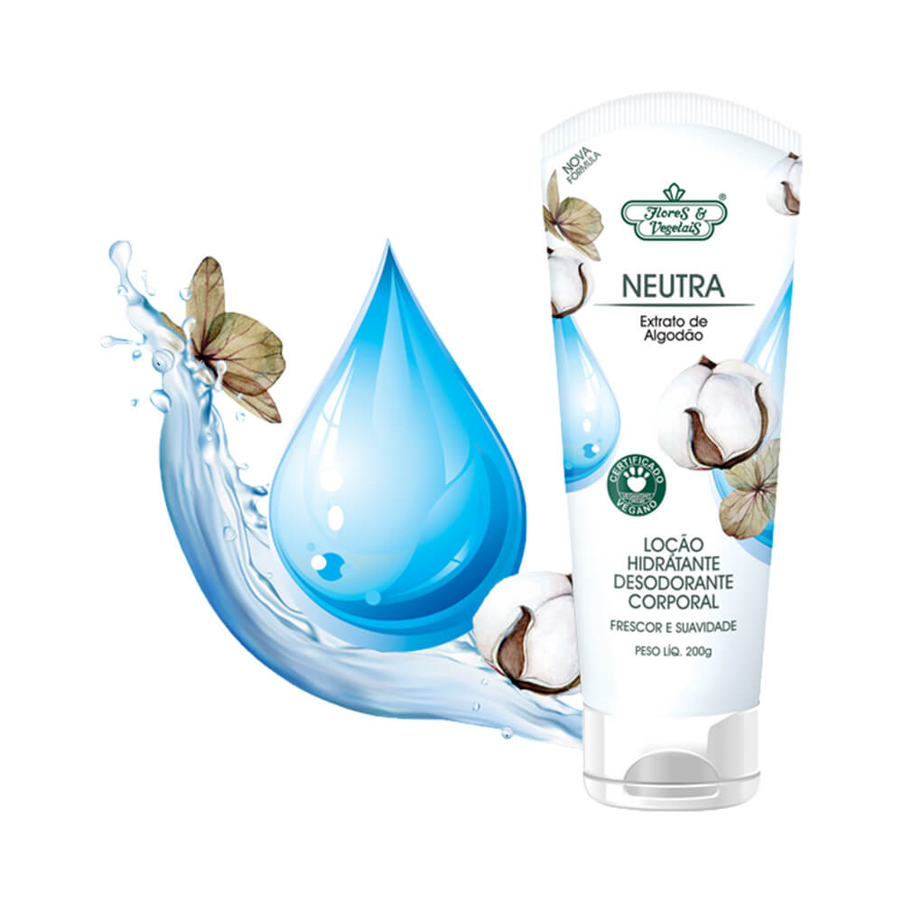 Loção Hidratante Flores & Vegetais Neutra 200g com gota d'água azul, flores e algodão ao redor