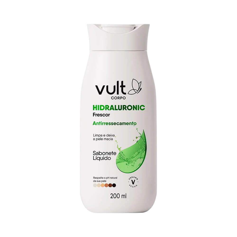 Frontal do sabonete líquido Vult Hidraluronic Frescor em embalagem branca com tampa branca, contendo 200 ml