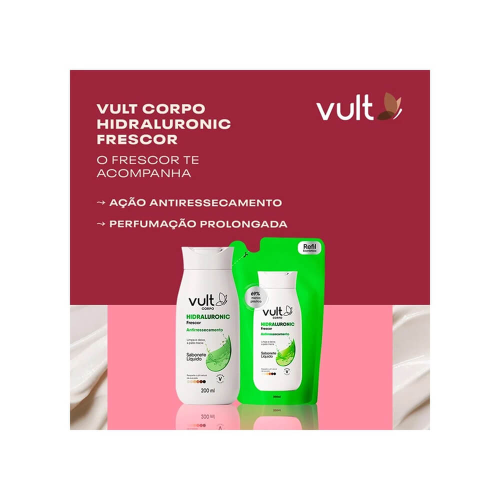 Sabonete líquido Vult Hidraluronic Frescor ao lado de refil verde sobre fundo vermelho e rosa