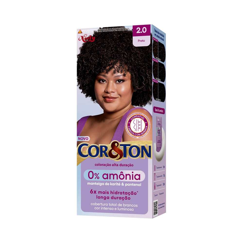 Embalagem da Coloração Cor & Ton sem Amônia 2.0 Preto com destaque para 0% amônia e hidratação intensa