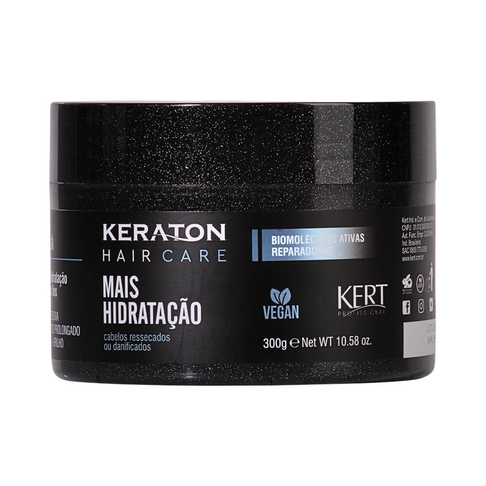Pote preto da Máscara Capilar Keraton Mais Hidratação 300g com rótulo destacando hidratação e fórmula vegana