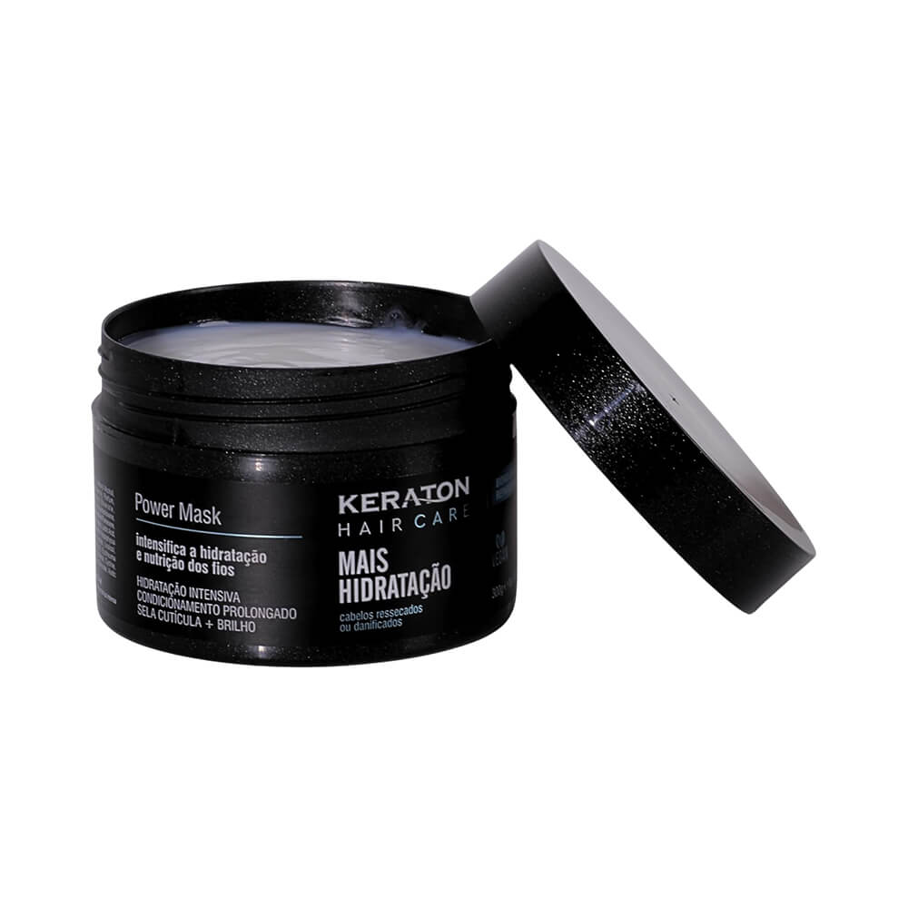 Pote aberto da Máscara Capilar Keraton mostrando creme branco e destacando hidratação intensiva