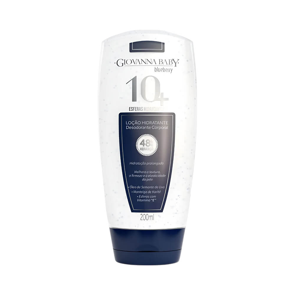 Frasco de hidratante corporal Giovanna Baby 10+ Blueberry 200ml com esferas hidratantes visíveis