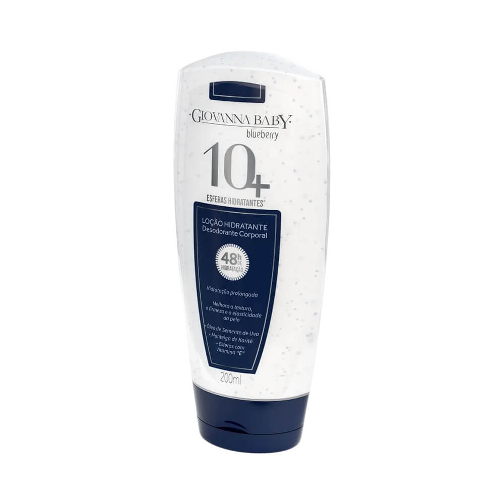 Frasco do hidratante corporal Giovanna Baby 10+ Blueberry 200ml com tampa azul escura