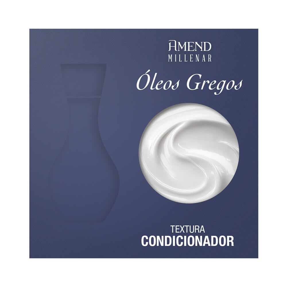 Textura cremosa do condicionador Amend Millenar Óleos Gregos sobre fundo azul escuro