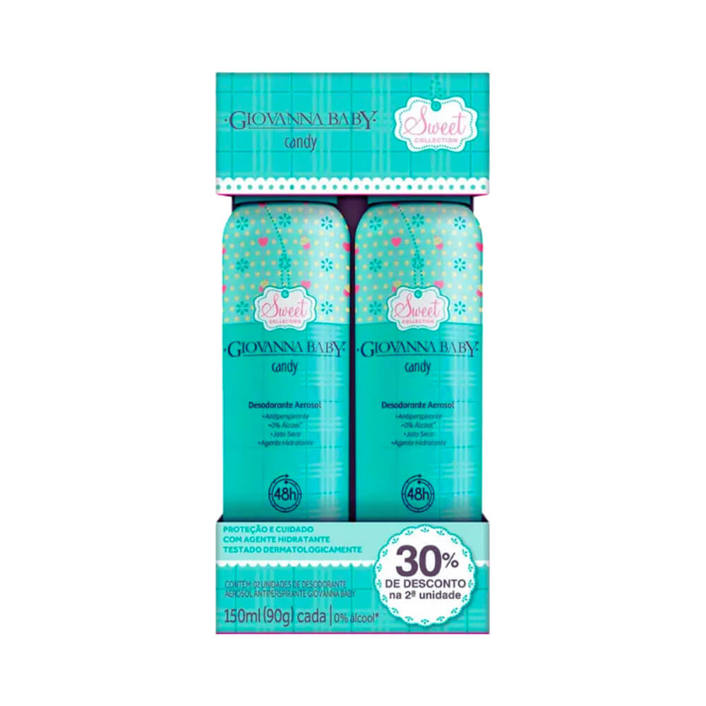 Kit Desodorante Aerosol Giovanna Baby Candy 90g 2 Unidades - embalagem azul turquesa com detalhes delicados