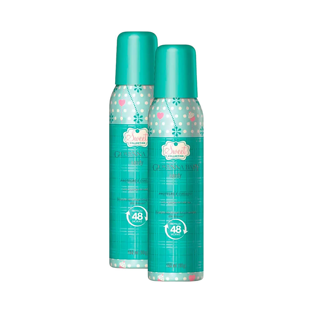 Desodorantes Giovanna Baby Candy lado a lado com design azul turquesa e detalhes em branco e rosa