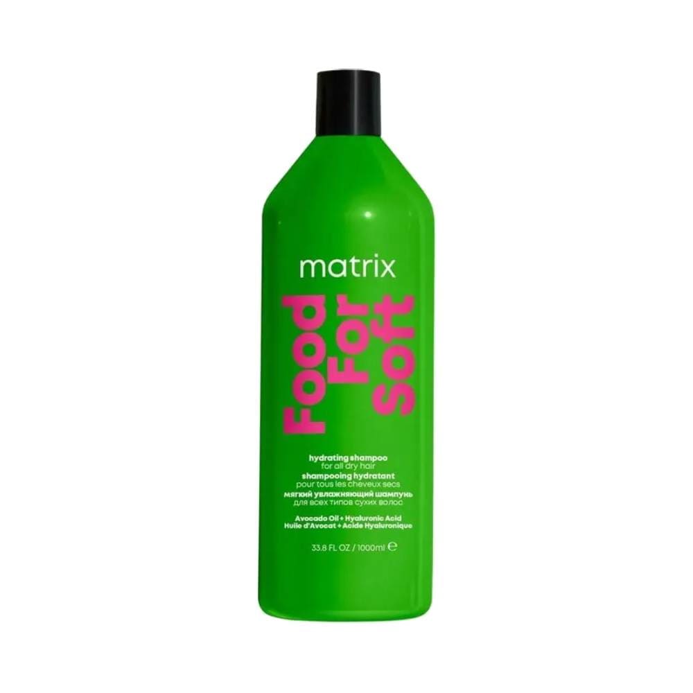 Garrafa verde do Shampoo Matrix Food For Soft 1000ml com rótulo em rosa e preto