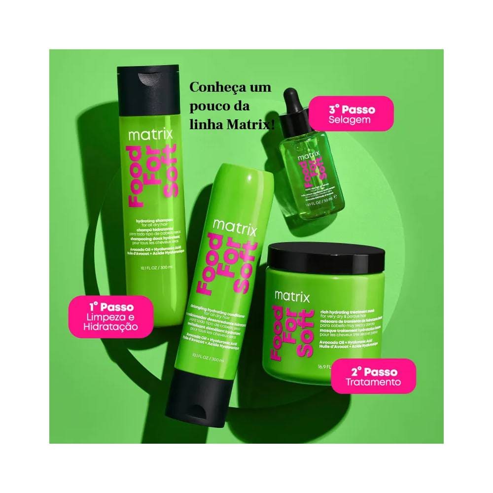 Produtos Matrix Food For Soft em embalagens verdes com rótulos rosa e preto
