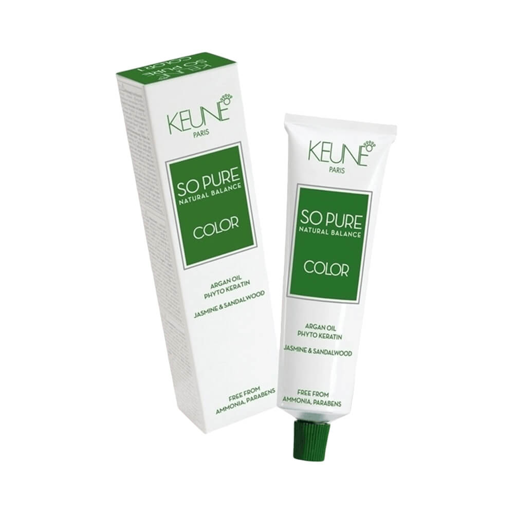 Embalagem e tubo da Coloração Keune So Pure Color 8.00 Louro Claro, destacando ingredientes naturais e fórmula sem amônia.
