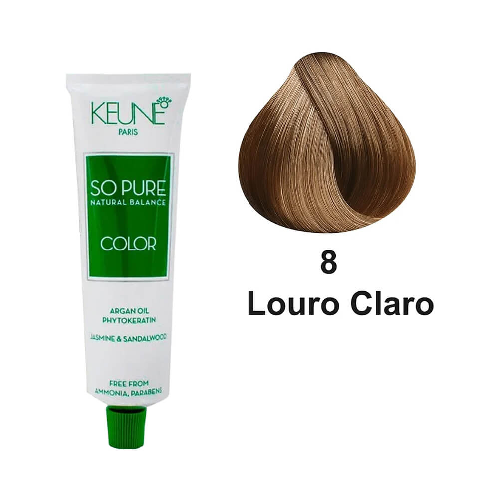 Tubo da coloração Keune So Pure Color 8.00 Louro Claro ao lado da amostra de cabelo na cor loiro claro.