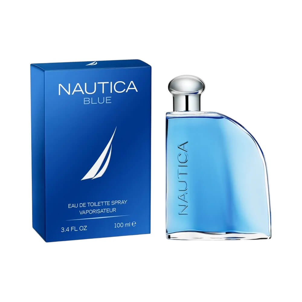 Perfume Nautica Blue Eau de Toilette masculino 100ml com frasco azul translúcido e tampa prateada