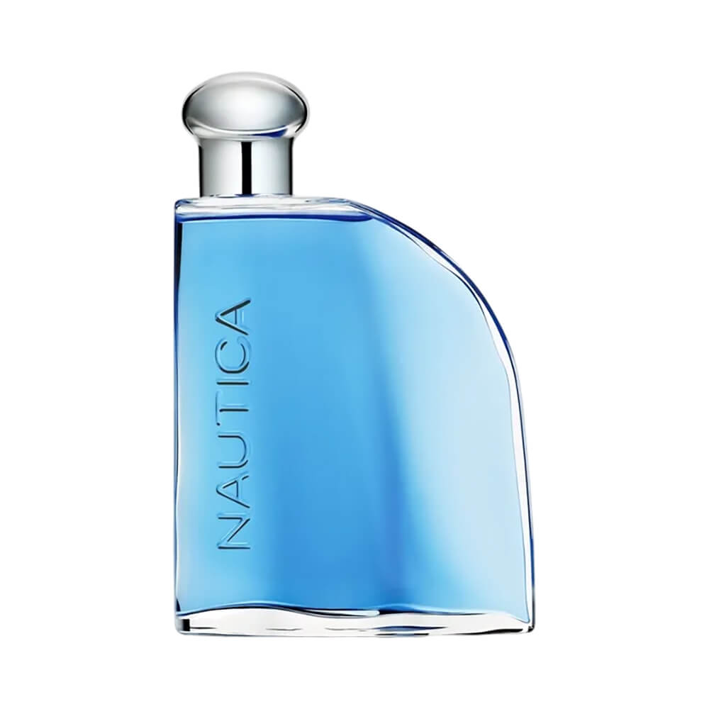 Frasco do perfume Nautica Blue com líquido azul translúcido e tampa prateada