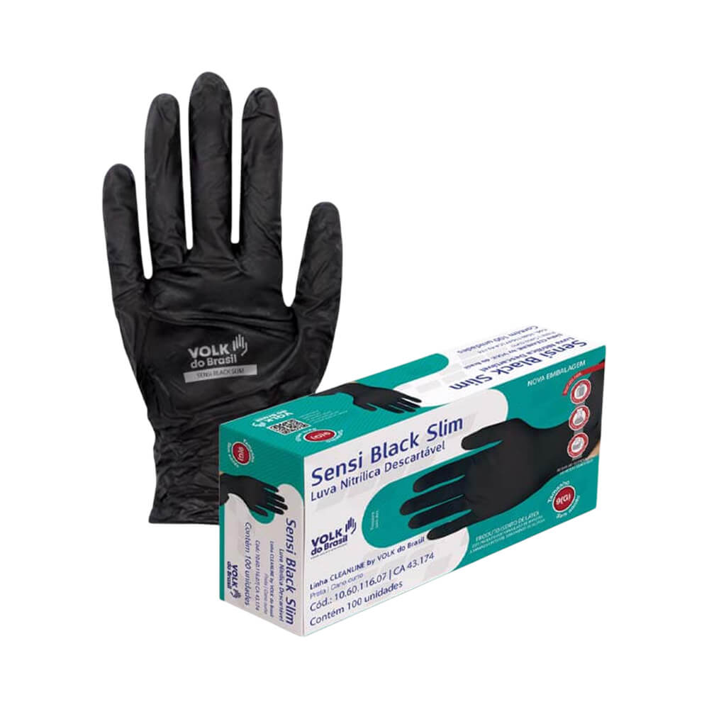 Luva descartável preta de nitrila Volk Sensi Black Slim tamanho M aberta com caixa ao lado
