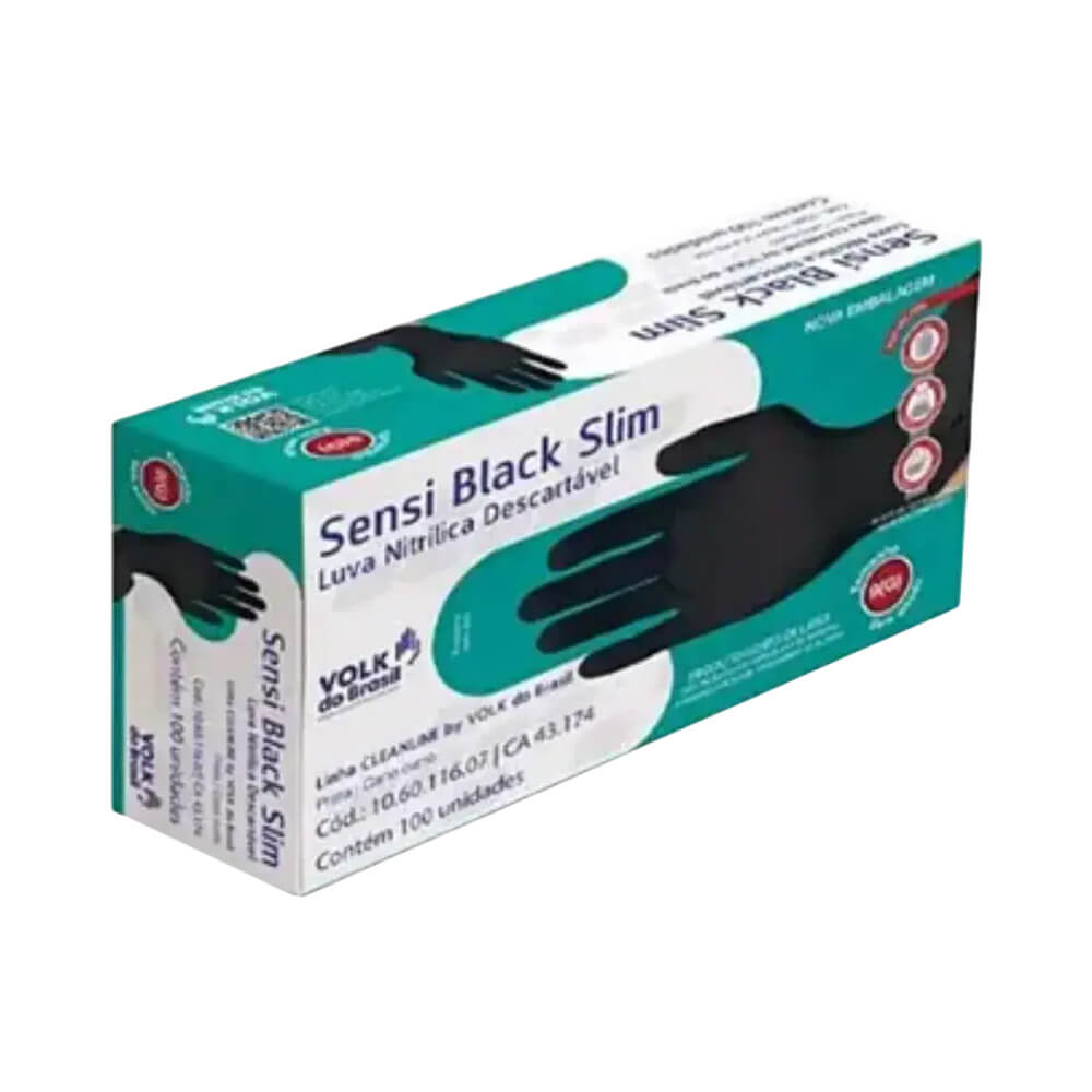 Embalagem da Luva Descartável Volk Nitrílica Sensi Black Slim M 100 Unidades