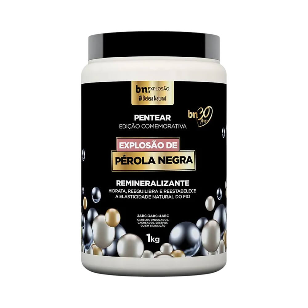 Creme de Pentear Beleza Natural Explosão de Pérola Negra 1kg embalagem branca com tampa preta e rótulo preto com detalhes em pérolas