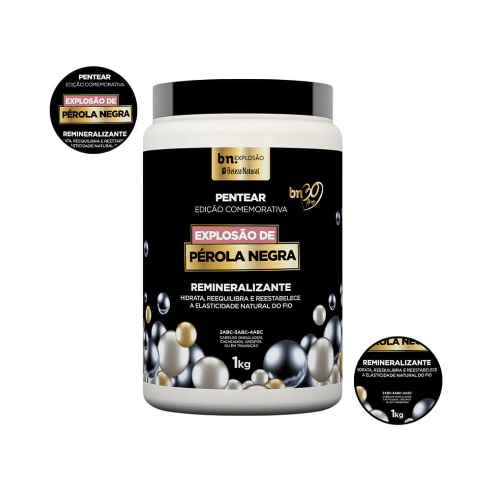 Creme de Pentear Beleza Natural Explosão de Pérola Negra 1kg rótulo com ilustrações de pérolas e detalhes dourados