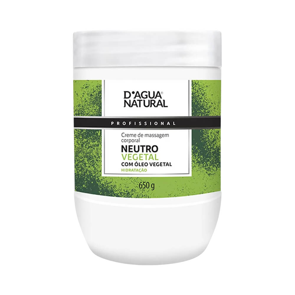 Creme para massagem corporal D'Agua Natural Neutro Vegetal em pote branco com tampa branca e rótulo verde