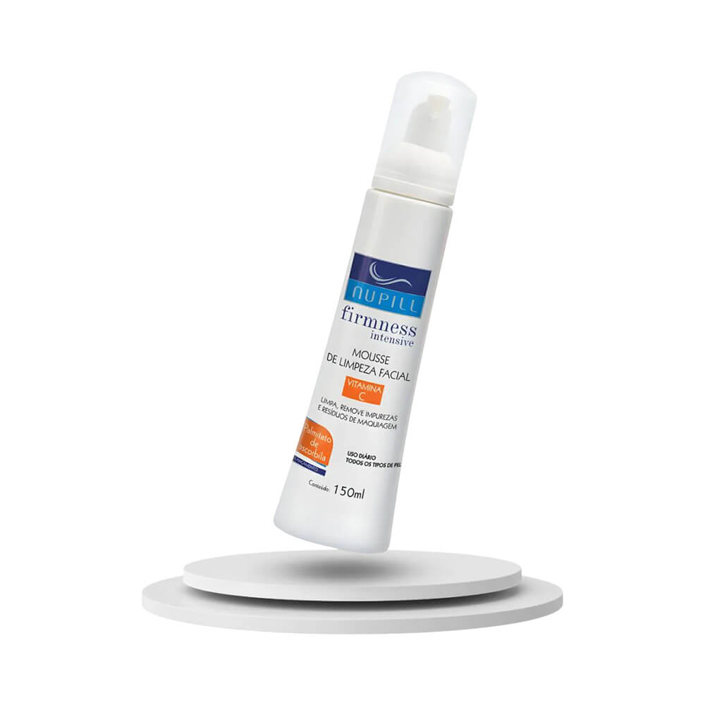 Frasco do Mousse de Limpeza Facial Nupill Firmness Intensive Vitamina C 150ml em ângulo inclinado
