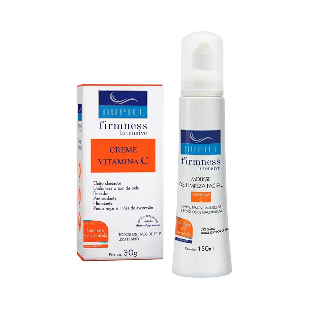 Produto Mousse de Limpeza Facial Nupill Firmness Intensive Vitamina C 150ml ao lado de sua caixa