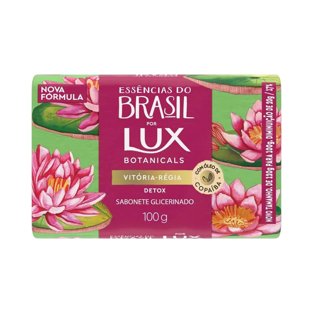 Sabonete Lux Essências do Brasil Vitória-Régia 100g, embalagem com flores de vitória-régia e detalhes verdes e rosas
