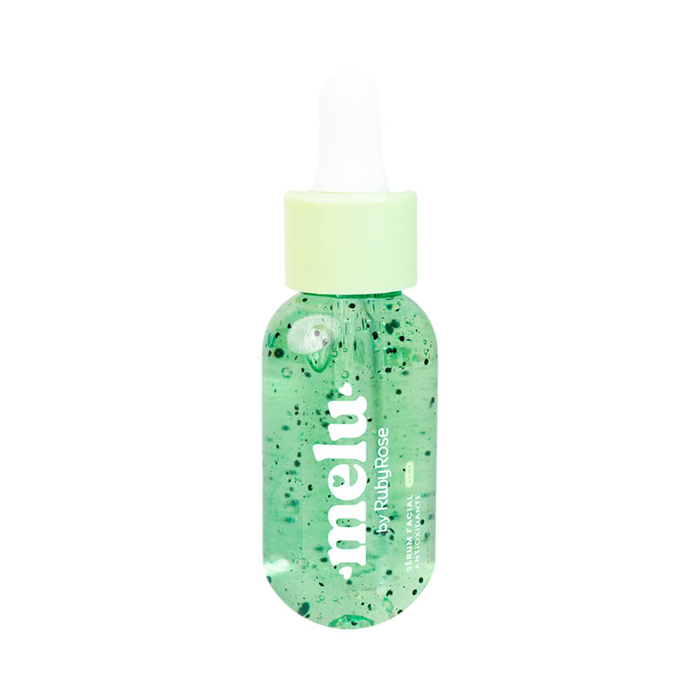 Sérum Facial Melu Antioxidante Kiwi 30ml frasco transparente com líquido verde claro e partículas pretas